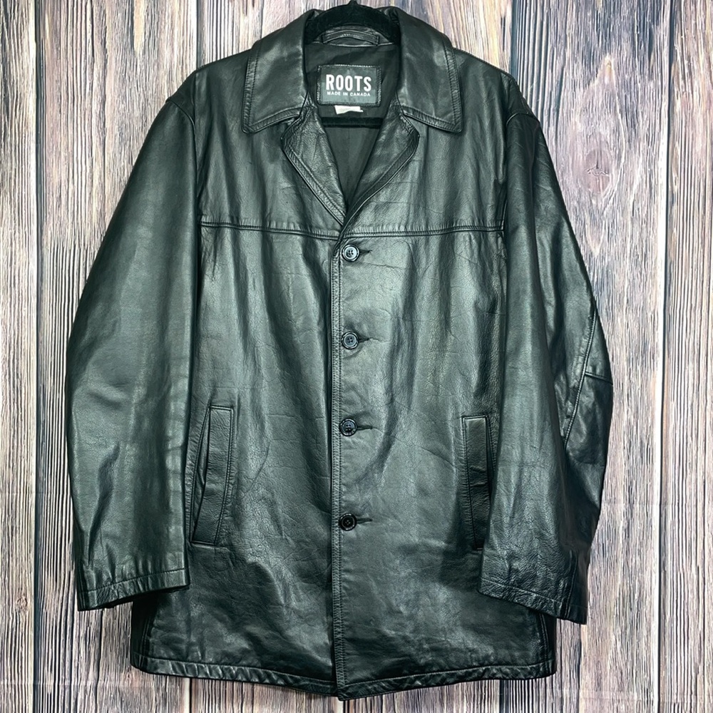 Vintage ROOTS MEN LEATHER JACKET Size L/G Color Black made in Canada